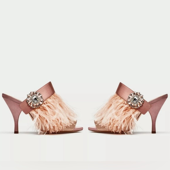 Rare Zara pink nude feather satin open toe mule size 39 - Picture 3 of 13